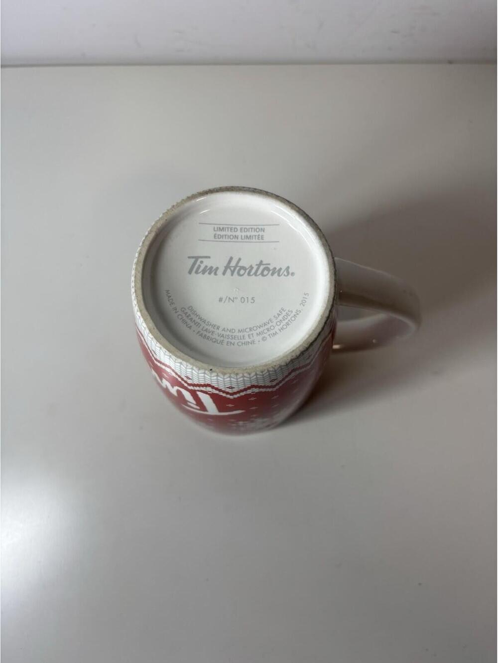 TIM HORTONS Ltd. Ed #15 Coffee Mug 2015 Red Sweater Motif Snowflake Winter - Picture 6 of 7